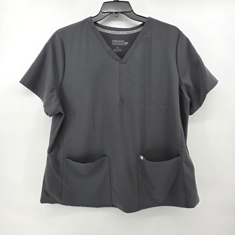 Fabletics Scrub Top Womens 2X Dark Gray V-Neck Short Sleeve Performance Pockets